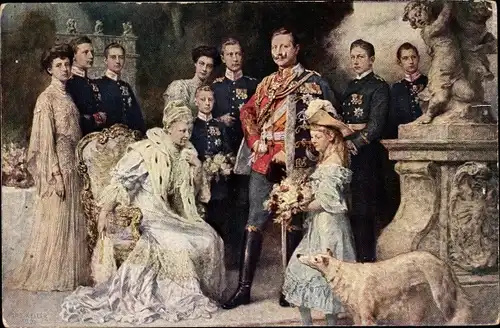 Künstler Ak Keller, F., Kaiserhaus, Wilhelm II, Kaiserin Auguste Viktoria, Kronprinz, Windhund