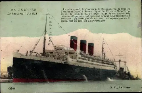 Ak Dampfer Paris, CGT, French Line