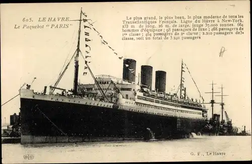Ak Le Havre, Paquebot Paris, Dampfschiff, CGT, French Line