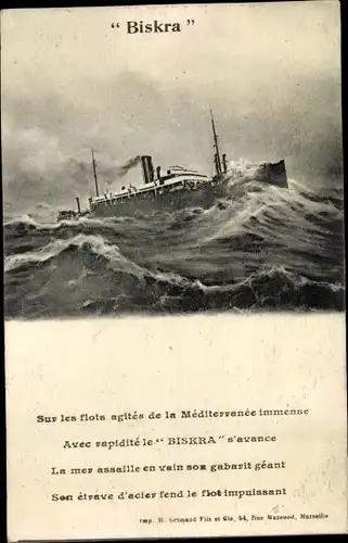 Ak Dampfer Biskra auf dem Mittelmeer