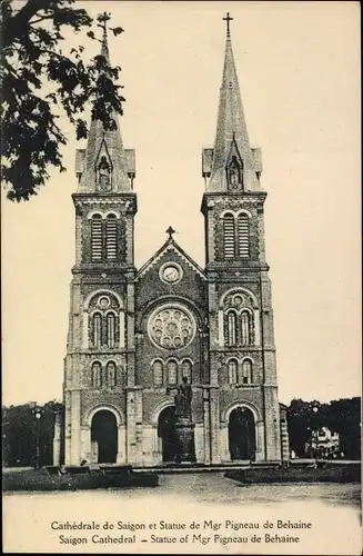 Ak Saigon Vietnam, Cathedrale de Saigon et Statue de Mgr Pigneau de Behaine