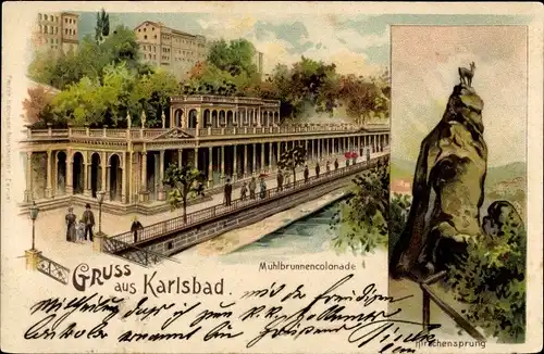 Litho Karlovy Vary Karlsbad Stadt, Mühlbrunnen Kolonnade, Hirschensprung