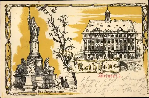 Künstler Ak Dresden Altstadt, Rathaus, das Siegesdenkmal
