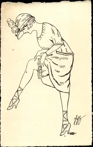 Künstler Ak Frau in kurzem Kleid mit Hut