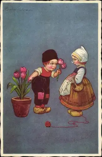 Künstler Ak Colombo, E., Kinder in niederländischen Trachten, Tulpen