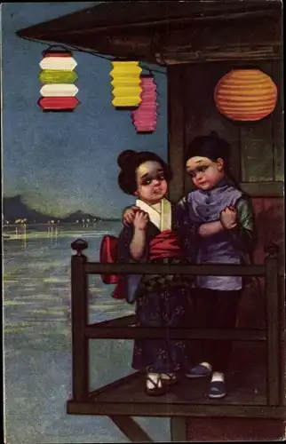 Künstler Ak Colombo, E., Junge und Mädchen in japanischen Volkstrachten, Kimono