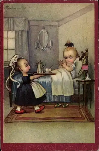 Künstler Ak Colombo, E., Dienstmädchen mit Tablett, Mädchen im Bett