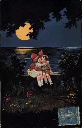 Künstler Ak Colombo, E., Liebespaar, Umarmung bei Mondschein