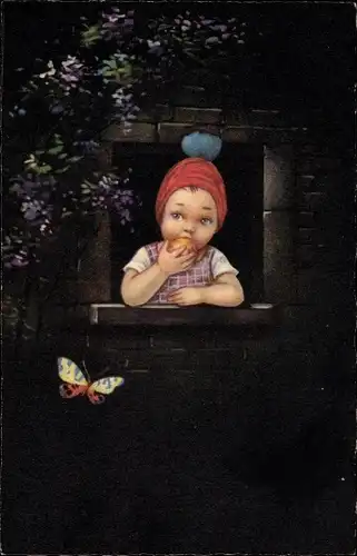 Künstler Ak Colombo, E., Kind am Fenster isst Apfel, Schmetterling