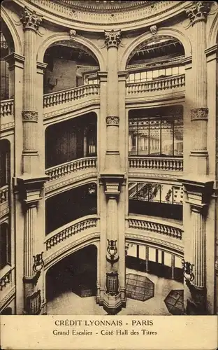 Ak Paris, Siège central Crédit Lyonnais, Grand Escalier, Cote Hall des Titres, Boulevard d. Italiens