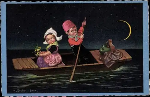 Künstler Ak Colombo, E., Liebespaar im Boot bei Nacht