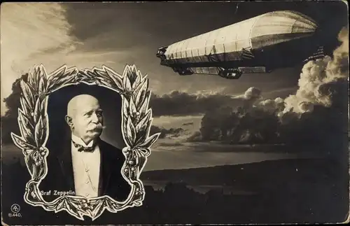 Ak Luftschiff im Flug, Portrait Graf Zeppelin, Lorbeerkranz