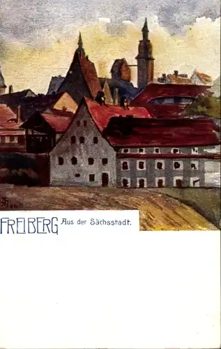 Künstler Ak Freiberg im Kreis Mittelsachsen, Aus der Sächsstadt, Teilansicht