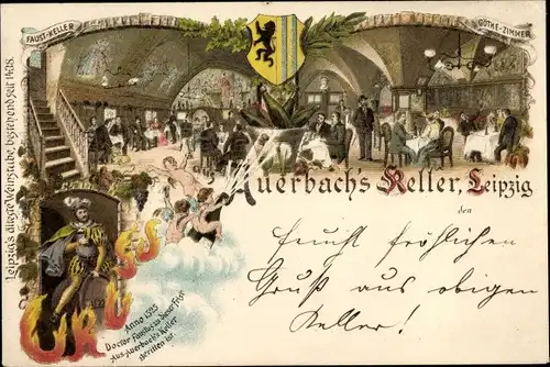 Litho Leipzig in Sachsen, Auerbach's Keller, Wappen, Doktor Faustus