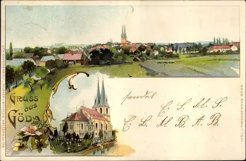 Litho Göda in der Oberlausitz, Gesamtansicht, Kirche