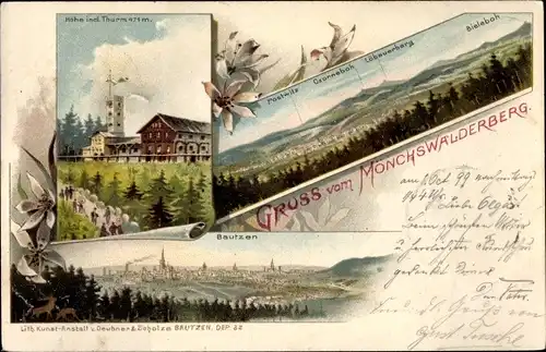 Litho Wilthen in Sachsen, Mönchswalder Berg, Panorama, Aussichtsturm, Stadtansicht Bautzen