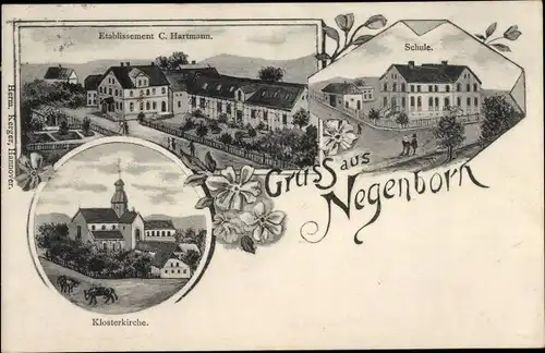 Ak Negenborn Holzminden an der Weser, Etablissement C. Hartmann, Schule, Klosterkirche