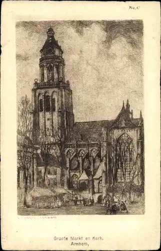 Künstler Ak Arnhem Gelderland Niederlande, Groote Markt en Kerk