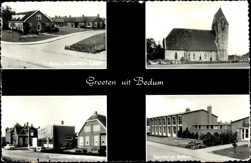 Ak Bedum Groningen Niederlande, Ned. Herv. Kerk, Sporthal en Badhuis, Schoolstraat, Huize Alegunda