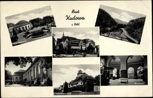 Ak Kudowa Zdrój Bad Kudowa Schlesien, Wandelhalle, Heuscheuerstraße, Kurhotel Fürstenhof, Brunnen