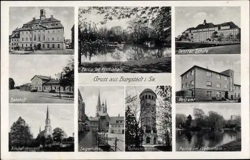 Ak Burgstädt Sachsen, Rathaus, Bahnhof, Postamt, Zentralschule, Wettinhain, Taurastein, Seigerturm