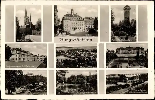 Ak Burgstädt Sachsen, Rathaus, Markt, Kirche, Wasserturm, Schule, Rochsburg, Wettinhain