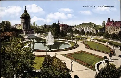 Ak Mannheim in Baden, Am Wasserturm, Springbrunnen, Park