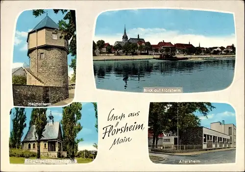 Ak Flörsheim am Main, Heimatturm, Altersheim, Kriegergedächtniskapelle, Panorama