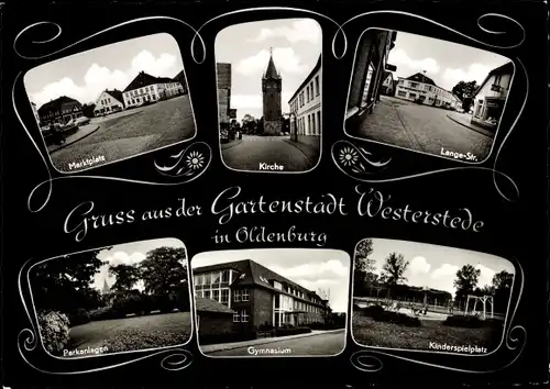 Passepartout Ak Westerstede Ammerland, Markt, Lange Straße, Kinderspielplatz, Gymnasium, Kirche