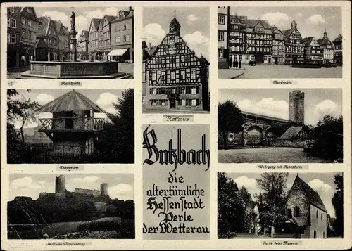 Ak Butzbach im Taunus Hessen, Rathaus, Marktplatz, Brunnen, Römerturm, Partie beim Museum