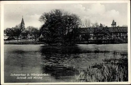 Ak Schmorkau Neukirch Sachsen, Schloss mit Kirche, Gewässer
