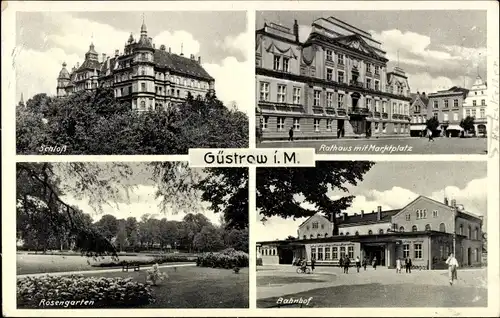 Ak Güstrow in Mecklenburg, Bahnhof, Schloss, Rathaus, Marktplatz, Rosengarten