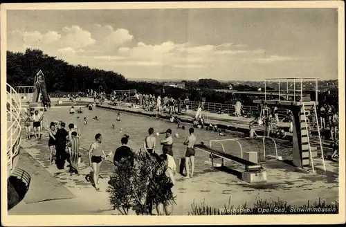 Ak Wiesbaden in Hessen, Opel Bad, Schwimmbassin, Badegäste, Sprungturm