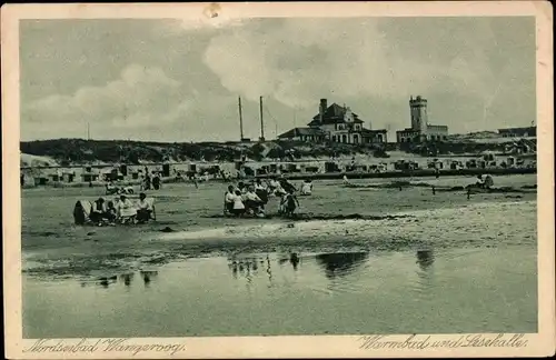 Ak Nordseebad Wangerooge in Ostfriesland, Warmbad mit Lesehalle, Strand