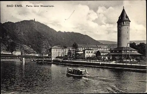 Ak Bad Ems an der Lahn, Partie beim Wasserturm, Schiff