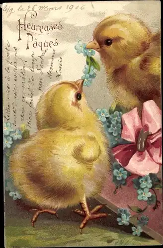 Litho Glückwunsch Ostern, Küken kämpfen um Blumen, Vergissmeinnicht