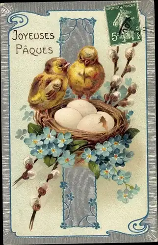 Präge Passepartout Ak Glückwunsch Ostern, Küken, Nest mit Eiern, Vergissmeinnicht, Weidenkätzchen
