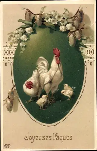 Passepartout Ak Glückwunsch Ostern, Hühner, Küken, Maiglöckchen