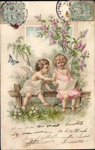 Litho Zwei Engel auf Bank sitzend, Schmetterling, Maiglöckchen