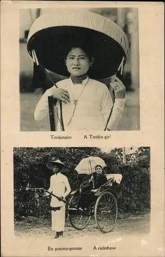 Ak Vietnam, Tonkinoise, pousse pousse, Rickscha, Vietnamesen