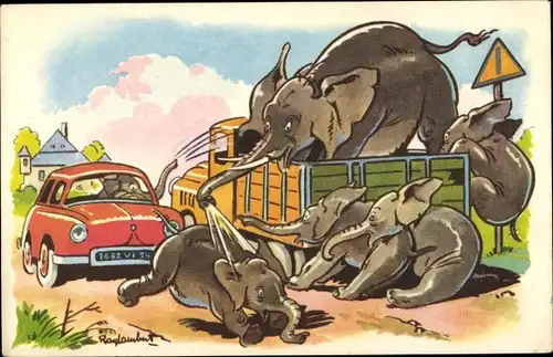 Künstler Ak Raylambert, Elefanten-Transport, Flucht, Auto, Verkehrsschild