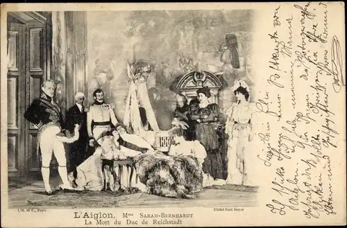 Ak L'Aiglon, La Mort du Duc de Reichstadt, Schauspielerin Sarah Bernhardt