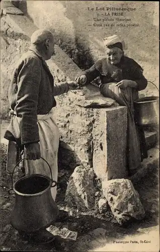 Ak Le Lot Pittoresque, La Prise, Uno picado Vitorino..., Französische Trachten, Eimer, Dorfleben