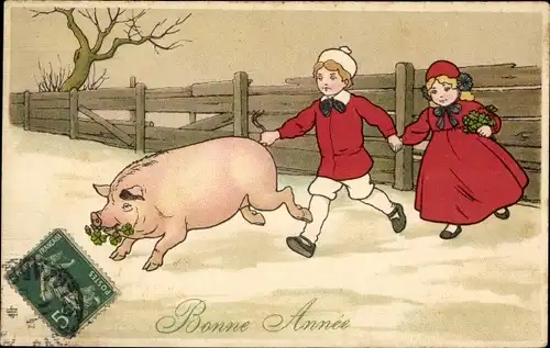 Ak Glückwunsch Neujahr, Schweine, Kinder, Glücksklee