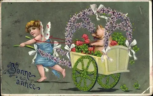 Präge Ak Glückwunsch Neujahr, Fuhrwerk, Glücksfee, Schwein, Blumen, Glücksklee
