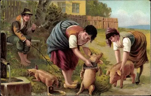 Ak Bäuerinnen pflegen Ferkel mit einer Bürste