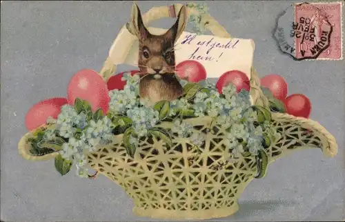 Ak Osterhase, Ostereier und Vergissmeinnicht im Korb, Ostern
