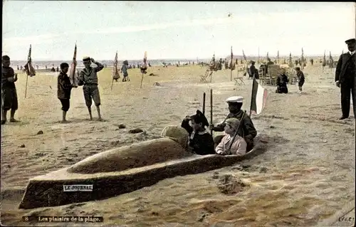 Ak Les plaisirs de la plage, Strandleben, Schiff aus Sand, Kinder, Patriotik