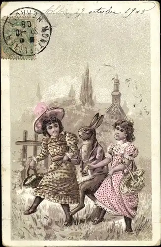 Ak Mädchen und Hase, Wiese, Blumenkörbe