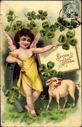 Ak Glückwunsch Neujahr, Engel, Hufeisen, Schwein, Glücksklee